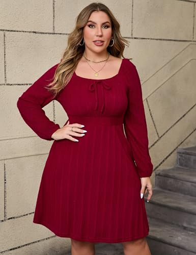 Image of KOJOOIN Womens Plus Size Sweater Knit Dress Square Neck Long Sleeves Tie Front Casual Midi Pullover Fall Dress with Pockets
