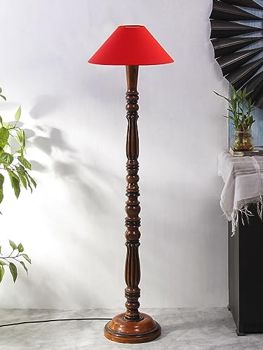 Image of Red Coolie Cotton Floor Lamp with Wooden Base - Height 53 Inches | Modern Standing Lamp for Living Room, Bedroom & Office | Stylish Home Decor Lighting & Decorative