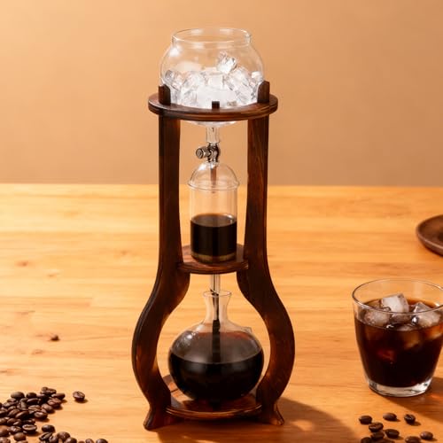 Wsexyy Cafetera De Goteo, Cafetera De Goteo con Hielo, con Jarra De Vidrio De 600 Ml Y Soporte De Madera, con Válvula De Control De Caudal, Filtro De Acero Inoxidable, para La Oficina En Casa
