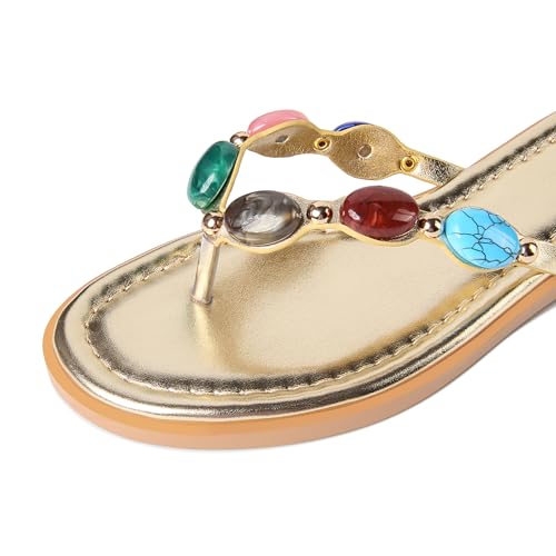 Image of DREAMSTORY Womens Beaded Flip Flops Beach Jeweled Thong Sandals | Open Round Toe, Slip on, Colorful Gemstones Embellished, Fashionable Summer Beach Style, Casual Flat Studded Shoes