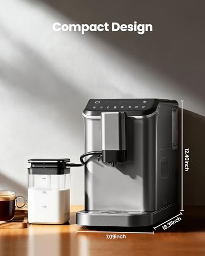 Image of Fully Automatic Espresso Machine, 20 Bar Coffee Maker with Grinder and Milk Frother, Touchscreen Automatic Coffee Machine with 15 Grind Settings, Espresso Maker for Cappuccino, Latte & Americano