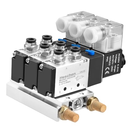 Heschen Eléctrica neumática triple válvula solenoide 4V210-08, AC220V, PT1/4'', 5 vías 2 posiciones, Manifold Base Silenciador Rápido Accesorios Conjunto
