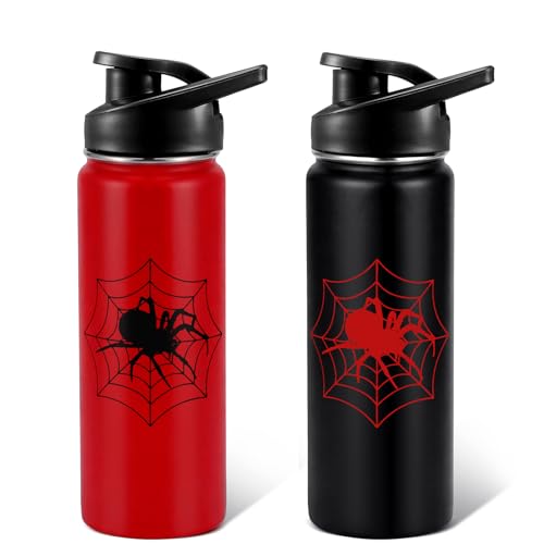 Image of Bokon 2 Pcs Spider Water Bottle with Straw Lid 16 oz Insulated Red Black Stainless Steel 18 /8 Spiderweb Vacuum Cups Tumbler for Travel Outdoor Family Friend Gifts, Leak Proof Lid Design (Classic)