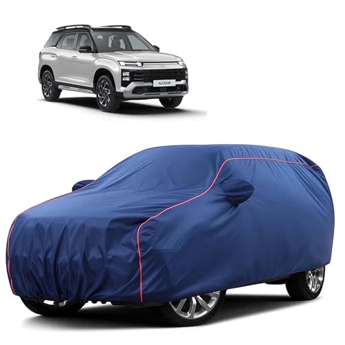 Image of Sulfar 100% Water Resistant Car Body Cover Compatible with Mirror for Hyundai Alcazar (Triple Stitched, Full Bottom Elastic, Blue Tafetta with Red Piping)