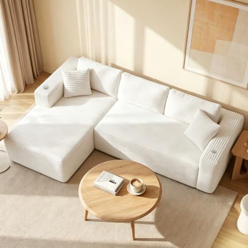 Image of 103 inch Modular Boneless Couches,Sectional Sofa for Living Room with 2 Cup Holders,Memory Foam Cloud Couch with L Shaped Oversized Chaise,No Assembly Needed Plush Corduroy Sofa,Beige