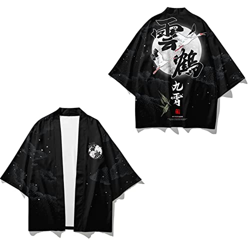 Image of DOSLAVIDA Men's Japanese Kimono Cardigan Suit Chinese Style Printed Jacket Pants Set Open Front Seven Sleeve Top & Shorts