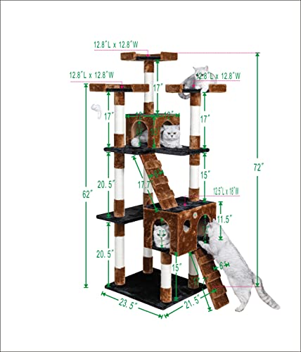 Go Pet Club 72" Tall Extra Large Cat Tree Kitty Tower Condo Cat House For Large Indoor Cats Play Scratch Hide Climb Activity Furniture With Toy, Brown/Black #TOP1