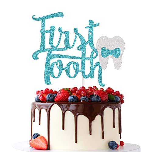 First Tooth Cake Topper Baby Shower Gender Reveal Party It's a Boy Baby 6 Months Newborn Party Decoration Supplies Blue Glitter