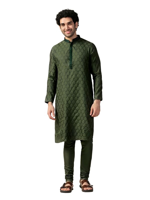 kisah Men's Kurta Churidar Set, Olive Silk Blend, Woven Design Regular Fit Mandarin Collar Long Sleeves-picture-14