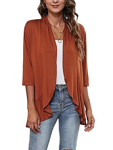 Chunoy Women's Casual Summer 3/4 Sleeve Kimono Cover Up Short Lightweight Sweaters Shrug Plus Size Spring Cardigans Brown 3X-Large #TOP20