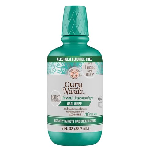 GuruNanda Fresh Breath Mouthwash, ADA-Accepted, Alcohol & Fluoride-Free, Sodium Chlorite, Essential Oils & Vitamins, 12-Hrs Fresh Breath, Wild Mint, 3 oz
