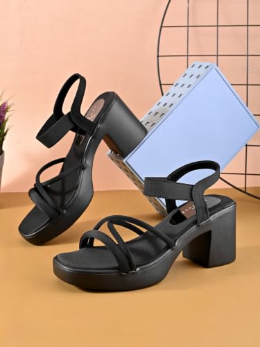 Image of XE Looks Women's Block Heel Sandals with Elastic Ankle Strap | Soft Cushioned Footbed | Open Toe Comfortable Heeled Sandals for Girls & Women | Stylish Supportive Heel Footwear