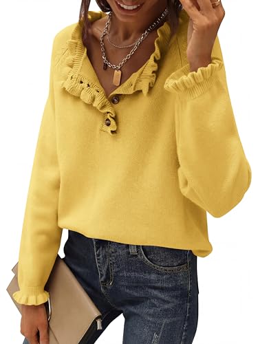 BTFBM Womens Sweaters Fall Winter Clothes 2025 Long Sleeve Button Down Ruffle Crew Neck Casual Knitted Pullover Tops