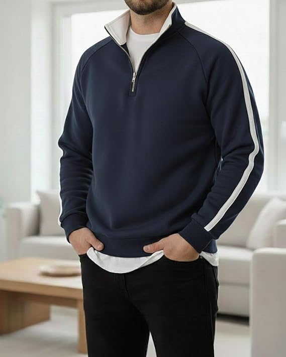 Image of Men's Quarter Zip Pullover Sweater with Contrast Stripe, Long Sleeve Athletic Casual Sweatshirt for Winter Wear, Black