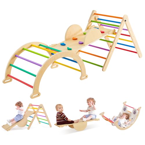 Image of 7-in-1 Rainbow Pikler Triangle Set, Montessori Foldable Large Size Baby Climbing Toys Indoor Gym for Toddlers 1-3 Wooden Climbing Set, Adjustable Height Pikler Triangle, Kids Toys with Ramp Sliding