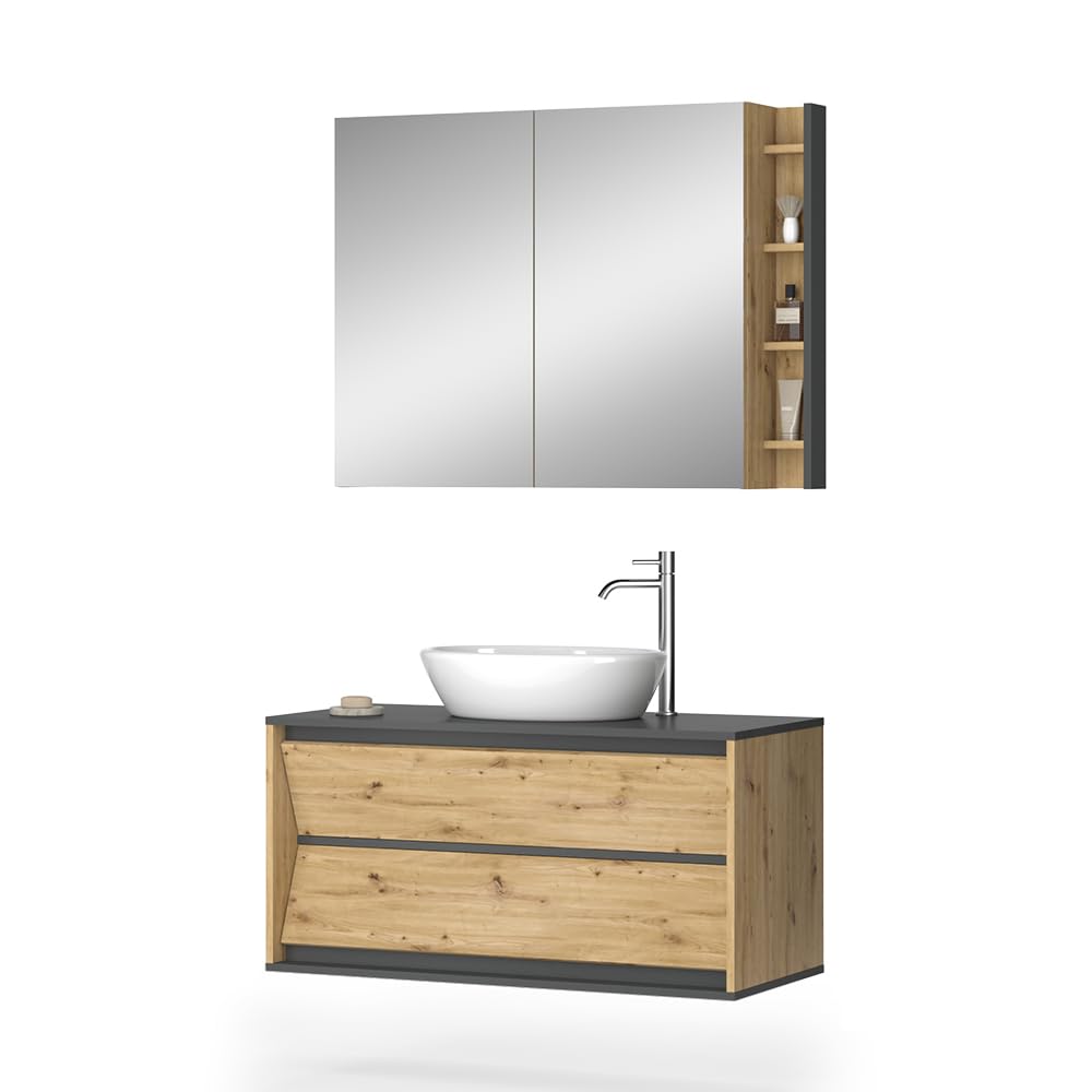 Vicco Conjunto de Muebles de baño Edelin, Antracita/Artisan, 100 cm | compuesto por espejo de baño y mueble bajo lavabo