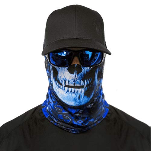 A Company Face Shield Micro Fiber wind, dirt bugs.Keep warm on cool days. Worn as a Balaclava, Neck Gaiter, Head band, Doo Rag for Hunting, Fishing Cycling and Salt lovers.- Hydro Blue