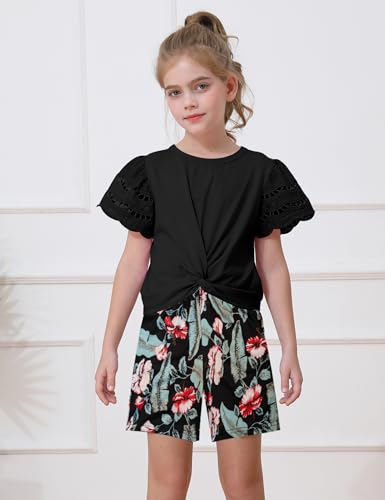 Image of mksodop Girls Clothes 2-Piece Teen Girls clothes Lace Hollow Short-Sleeved Twist T-Shirt And Floral Short Girl Summer Outfits