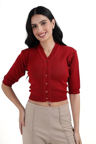 Image of Women Winter Wear V-Neck Half Sleeves Regular Fit Woollen Blouse