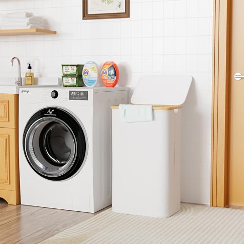 SUOCO Laundry Hamper with Lid, 29 Gal (110L) Clothes Basket with Bamboo Handles, Large Foldable Laundry Hamper for Bedroom, Bathroom, Dorm, Laundry Room - White