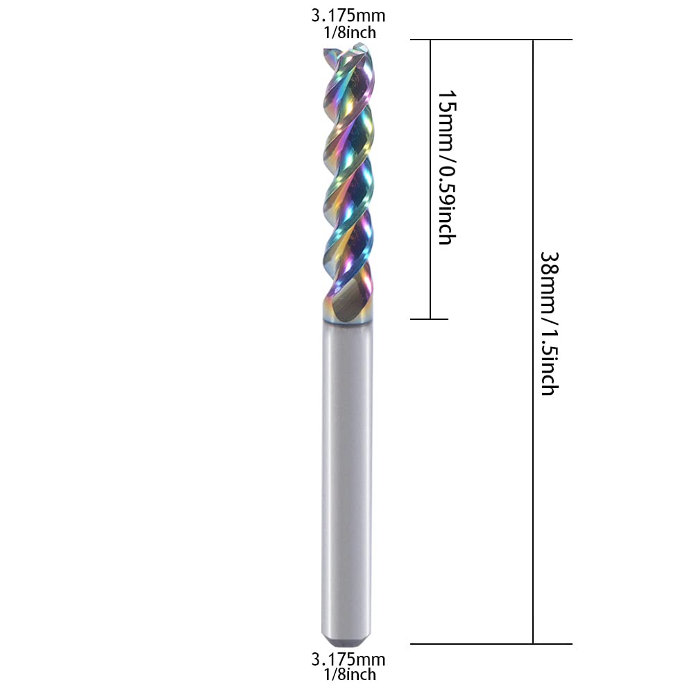 Fraises à extrémité carrée en carbure de tungstène de 3.175 mm pour applications en aluminium et cuivre, 3 cannelures, diamètre de coupe de 0.3 cm, design de type U, lot de 10 (3.175x3.175x15 mm)