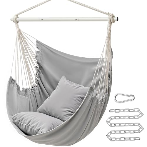 SONGMICS Hammock Chair, Load Capacity 500 lb, Hanging Chair with 2 Cushions, Large Hammock Swing with Chain and Pocket, for Indoor, Outdoor, Living Room, Bedroom, Dove Gray UGDC197G01
