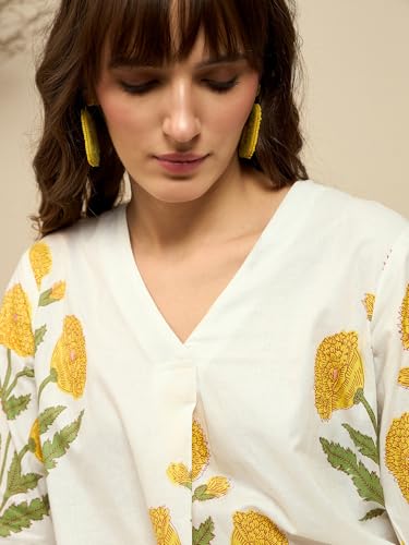 Image of INDO ERA Women Cotton White Printed Straight Kurta Pant Set