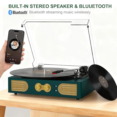 Image of Vinyl Record Player with Built-in Stereo Speakers, Vintage 3-Speed Turntable, Bass /Treble Control, Headphone Jack, RCA /AUX Outputs, Belt-Driven, Dark Green