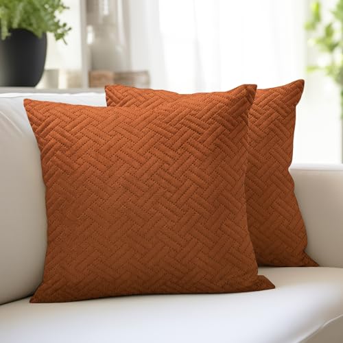 Image of Encasa XO Velvet Cushion Covers, No Inserts, Set of 2, Orange | 20 inchx20 inch | Both Side Fabric | Hidden Zipper Closure | Solid Color | Fade & Shrink Resistant | Machine Washable