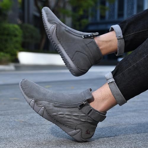 Image of Mens Mid-Top Leather Chukka Ankle Boots with Side Zipper Casual Comfortable Round Toe Non-Slip Flats Loafers for Walking Outdoor Hiking