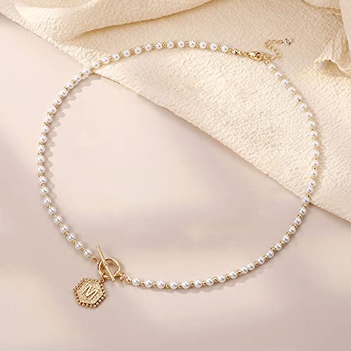 Gold Initial Pearl Necklace For Women, 14K Gold Plated Dainty Toggle Clasp Initial A Hexagon Pendant Pearl Necklace Handmade 5Mm Round Imitation Pearl Necklace Jewelry Gifts For Women (A) #TOP6