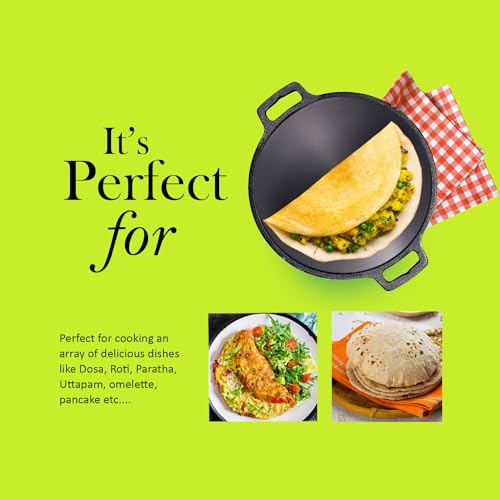 Image of Kichera Pre-Seasoned Cast Iron Dosa Tawa 12 Inch | Super Smooth Polished Surface, Dual Handles & Induction Compatible | Naturally Non-Stick, Pure & Toxin-Free Roti Pan for Dosa, Chapati, Paratha