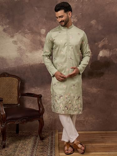 Image of Men's Calf Length Silk Blend Embroidered Solid Kurtas | Men | Kurtas for Mens | Straight Fit Kurta for Men's