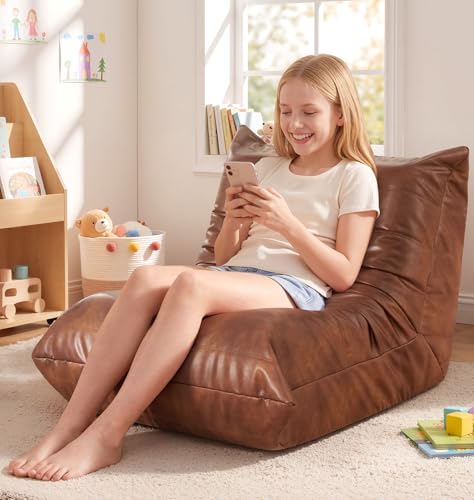 Image of Hobestluk Small Bean Bag Chair Lazy Floor Sofa Bean Bags with Memory Foam Filled Leather Beanbag Lounge Sofa Armless Chair for Bedroom Playroom and Reading Nook Dorm Waterproof (Brown, Medium)