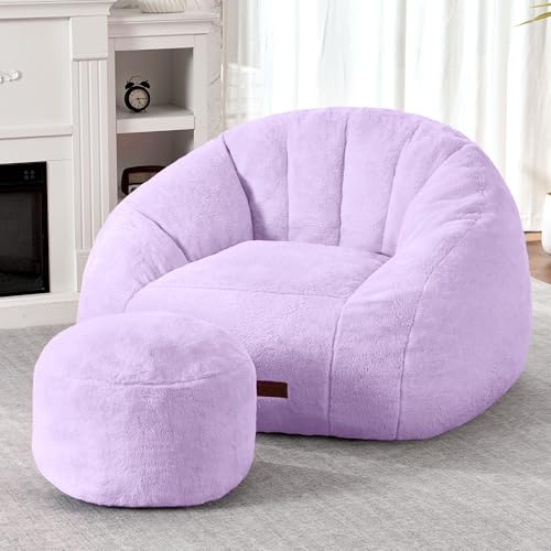 HABUTWAY Bean Bag Chair, Giant Bean Bag Chairs for Adults with Ottoman, Comfy Faux Fur Shell-Shaped Bean Bag Couch, Sofa Chair for Living Room, Bedroom, Purple