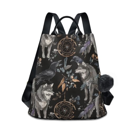 Image of ALAZA Watercolor Black Raven and Wolf Boho Backpack Purse with Adjustable Straps