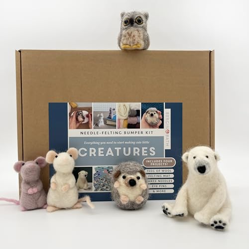 Bergin & Bath Needle Felting Bumper Kit - Creatures: Arts Craft Kit for Adults - Polar Bear, Mice, Hedgehog, Owl, A Premium Starter Set. Learn to Make Sweet Animals.
