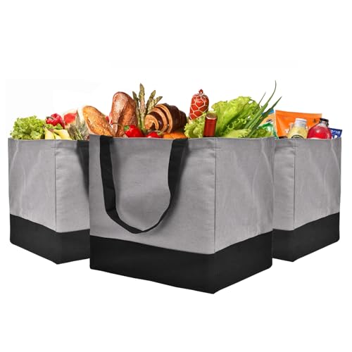 3 Pack Canvas Reusable Grocery Bags Heavy Duty, 8.3 gal Foldable Canvas Shopping Bags, Holds 60 lbs Large Tote Bag with Handles & Washable Eco-friendly Bags with 5 Pockets (Grey+Black)