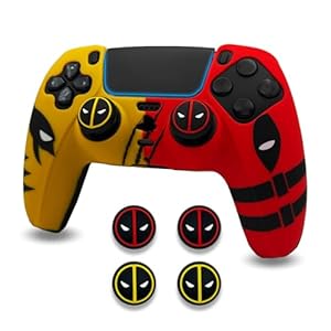ElitePlay Geel en Rood Dpool vs Wolve Anti-Slip Siliconen Hoesje voor PS5 Controller, Zachte Rubber Case voor PS5 Draadloze Controller Met Duimgreep Set