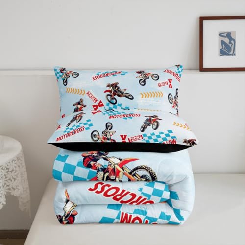 Image of Feelyou Kids Dirt Bike Bedding Set Queen Size, Motocross Duvet Insert Extreme Sports Comforter Set Boys Girls Teens Bedroom Decor with 2 Pillow Case