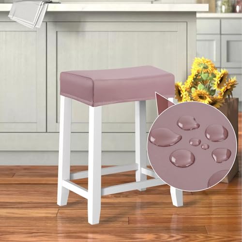 Image of YISUN Stool Covers Rectangle - 2 Pack Stretch Oilproof Waterproof PU Bar Stool Covers Saddle Seat Counter Pub Vanity Chair Cover with Elastic Bands