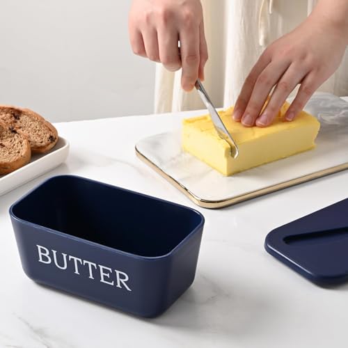Image of Kyraton Large Plastic Butter Dish with Lid and Knife, Food Grade PP Butter Holder Keeper with Cover for Kitchen Refrigerator Butter Container (Blue)