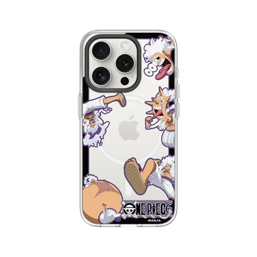 Coque iPhone 15 Pro Magsafe RhinoShield Luffy Gear 5 claire ultra résistante aux chocs