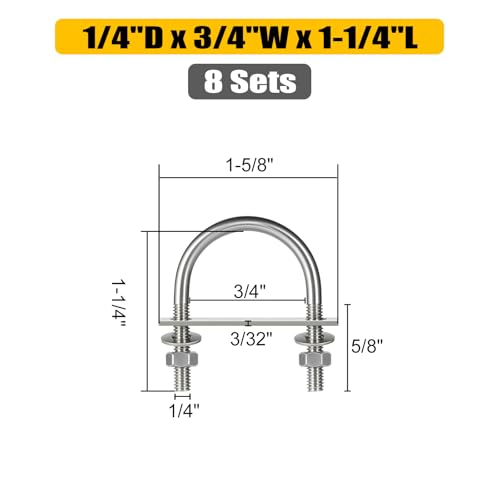 Image of 8 Sets Round U Bolts, u-Bolts 3 /4 Inch Wide, 304 Stainless Steel U Bolt,with Nuts,Bolt Plate and Washers for Boat Trailer Tube(1 /4 inch D x 3 /4 inch W x 1-1 /4 inchL)