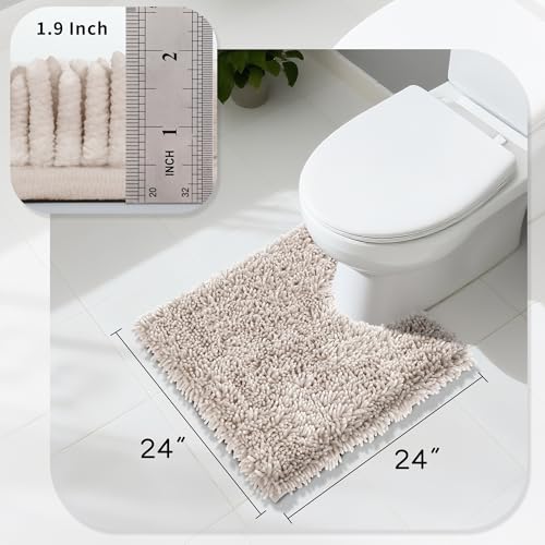 Image of Yimobra Toilet Rugs U Shaped Washable, Extra Thick Soft Absorbent Chenille Contour Bathroom Rugs for Toilet 24x24 Inch, Quick Dry Non Slip Toilet Mat for Bath Floor, Khaki