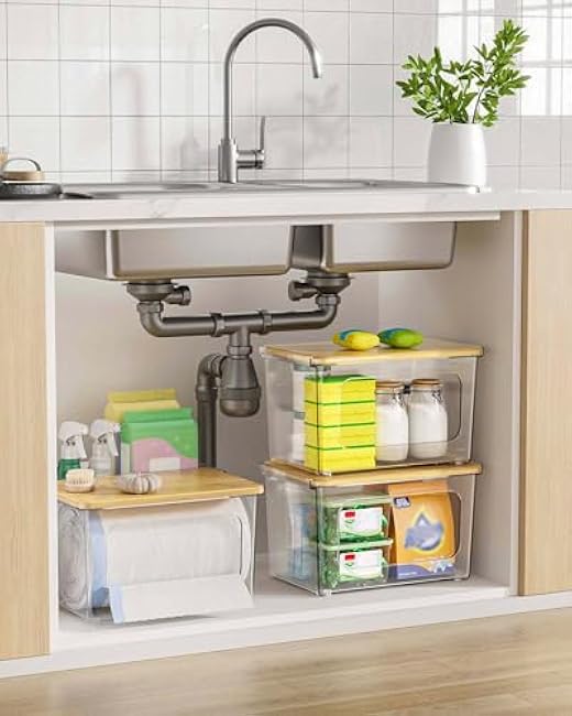 2 in 1 Trash Bag Dispenser Holder - Clear Acrylic Plastic Garbage Bags Container Tissue Box with Bamboo Lid Large Under Sink Organizer Kitchen Pantry Shelf Laundry Room Organization and Storage