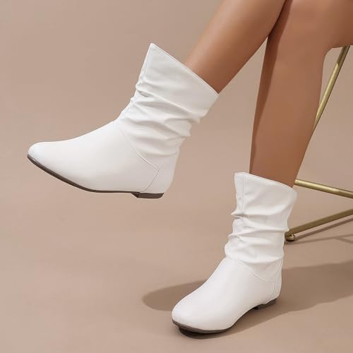 Women's Flat Mid Calf Boots Low Heel Booties Fall Slouchy Boots Fashion Casual Pointed Toe Flat Leather Short Boot Women Classic Wide Width Comfortable Slip-On Ankle Booties4