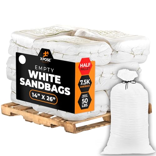 Image of Xpose Safety Heavy Duty Sand Bags with Tie Strings - Empty Woven Polypropylene Sandbags for Hurricane Flood Protection, 50 lb Capacity, 14 inch x 26 inch, White, Bulk Half Pallet Pack of 7500