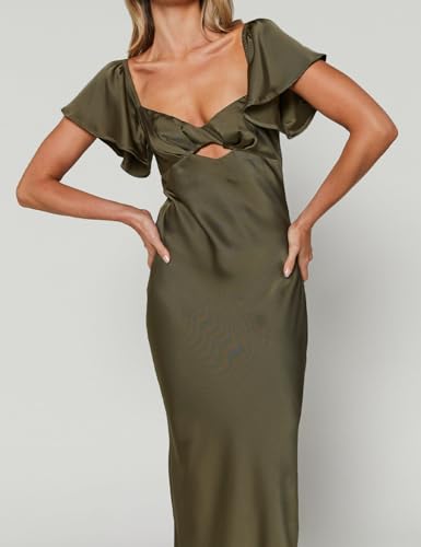 Image of Summer Satin Flutter Sleeve Wedding Guest Dresses for Women Sweetheart Neckline Cutout Tie Back Midi Cocktail Dress