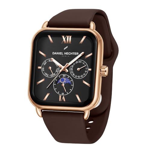 Image of Daniel Hechter Paris Montmartre Unisex Multifunction Square Watch - Black Dial with Day-Date & 24-Hour Subdials, Moonphase Display, Sustainable Silicone Strap